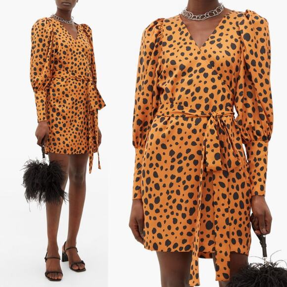RHODE Frankie Leopard-Print Polka-Dot Satin Wrap Dress SIZE XS - Picture 1 of 14